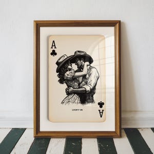 Impression d'as de trèfle porte-bonheur : carte à jouer vintage, décoration murale, affiche de fiançailles, décoration de cow-boy du sud-ouest, cadeau de mariage unique pour couple