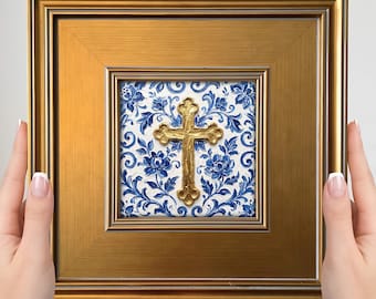 Mini cuadro de cruz de estilo chinoiserie – Pequeño cuadro cristiano para pared, decoración religiosa dorada