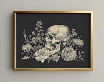 Skull Botanical Print - Dark Academia Wall Art, Witchy Decor