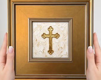Mini cuadro de cruz dorada – Pequeño cuadro cristiano enmarcado para pared, decoración religiosa