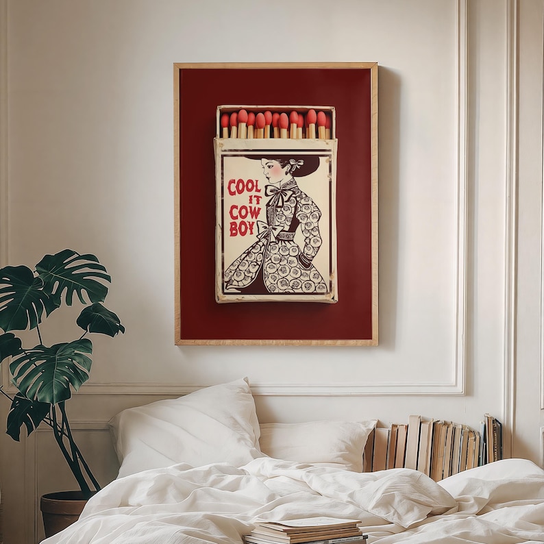 Bordeauxrode muurdecoratie – Cool It Cowboy Matchbox print, Americana decor afbeelding 8