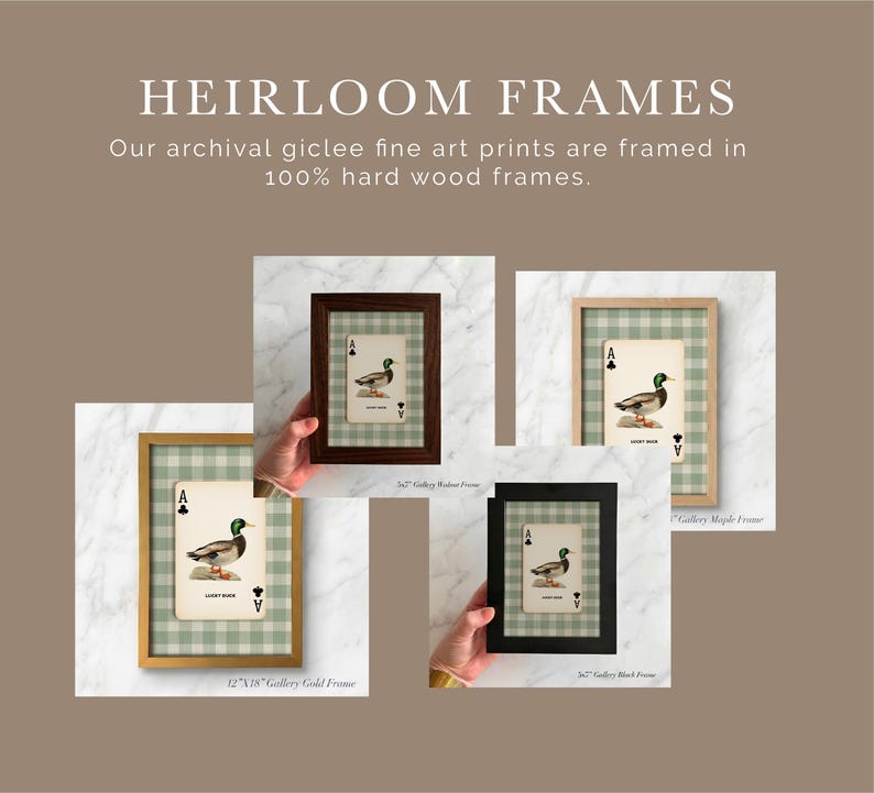 May include: Four framed prints featuring a mallard duck illustration on an ace of clubs playing card against a sage green gingham background. The frames are available in gold, dark wood, black, and maple finishes with text labels for sizes.