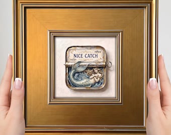 Whimsical Sardine Tin Mini Painting - Small Framed Art Print, Nautical Decor