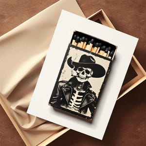 Skeleton Cowboy Matchbook Print Western Goth Decor Day of the Dead Memento Mori Boho Eclectic Wall Art Black White Unique Home Decor Momento