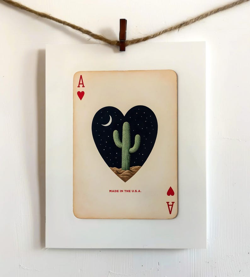 May include: Ace of Hearts playing card art print. The card features a heart-shaped design with a night sky, cactus, and crescent moon. The text "MADE IN THE U.S.A." is printed at the bottom.