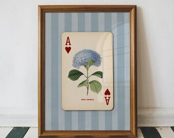 Poederblauwe hortensiaprint – bloemen speelkaartkunst, blauw verandadecor, zuidelijke verandastijl welkomsthal kunst preppy cadeau voor haar
