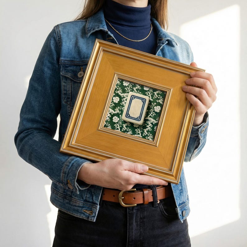 May include: A square, gold-framed artwork featuring a small, rectangular tile with a cream-colored center and a blue border. The tile is set against a green floral patterned fabric. The frame is held by a person wearing a denim jacket.