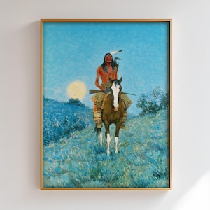 Turkusowo-niebieski indiański kowbojski nadruk – Fredric Remington Art, południowo-zachodnia sztuka ścienna, męski wystrój biura, styl Old Money Ranch