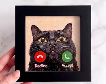 Black Cat Calling Mini Painting – Small Framed Art Print, Funny Cat Decor