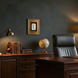 May include: A framed playing card featuring a golfer, displayed on a dark wall. The gold frame surrounds the card, which is set against a green and blue plaid background. The scene includes a desk, books, a globe, and a leather chair.