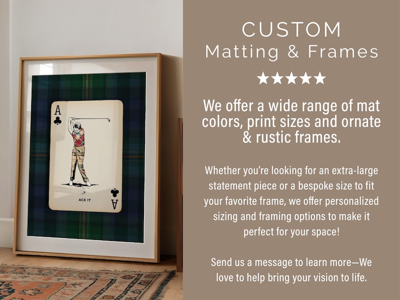 May include: Framed artwork featuring a playing card with a golfer illustration, set against a green and blue plaid background. The frame is a light wood color. Text on the image says "CUSTOM Matting & Frames".