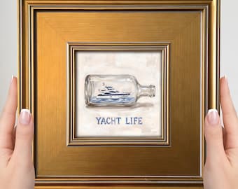Yacht in a Bottle Mini Painting - Small Framed Art Print, Nautical Decor