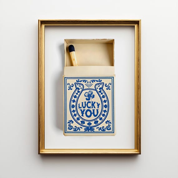 Chinoiserie Western Wall Art - Lucky You Matchbox Print, Cobalt Blue Framed Retro Poster, Trendy Apartment Art, Rugged Cowboy Room Decor