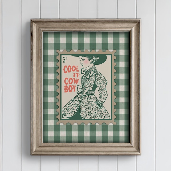 Salviagrön västerländsk stämpelväggkonst – Cool It Cowboy-tryck Cottagecore Cowgirl-affisch med gingham-ranchdekoration, mjuk sydvästlig kokett-estetik
