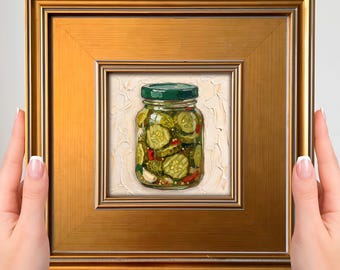 Pickle Jar Mini Painting - Small Framed Art Print, Kitchen Wall Decor