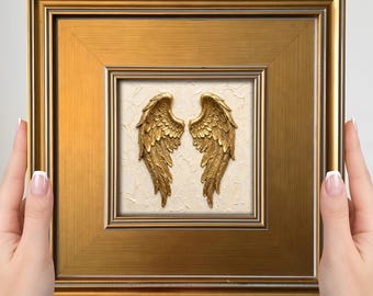 Gold Angel Wings Mini Painting – Small Framed Art Print, Memorial Wall Charm