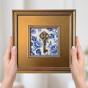 Skeleton Key Mini Painting – Small Framed Art, Gold Lucky Wall Charm, Blue & White Chinoiserie Still Life Print