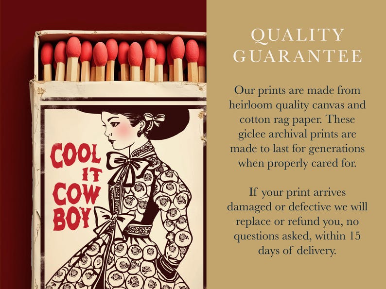 Bordeauxrode muurdecoratie – Cool It Cowboy Matchbox print, Americana decor afbeelding 19