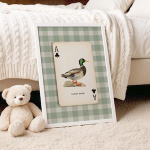 Framed mallard duck ace of clubs art print with sage green gingham background, perfect for cottage boy’s room or vintage nursery and kid's room decor
