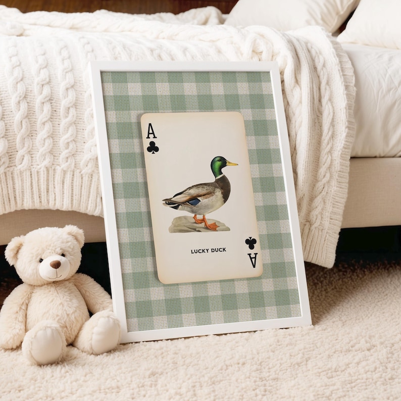 Framed mallard duck ace of clubs art print with sage green gingham background, perfect for cottage boy’s room or vintage nursery and kid's room decor