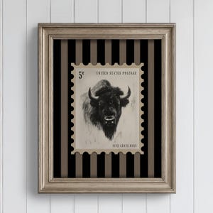 Charcoal sketch of a bison styled as a vintage postage stamp on a black and tan striped background; rustic Western art print.