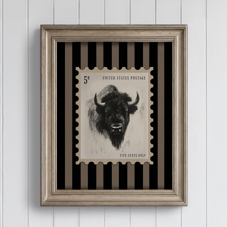 Charcoal sketch of a bison styled as a vintage postage stamp on a black and tan striped background; rustic Western art print.