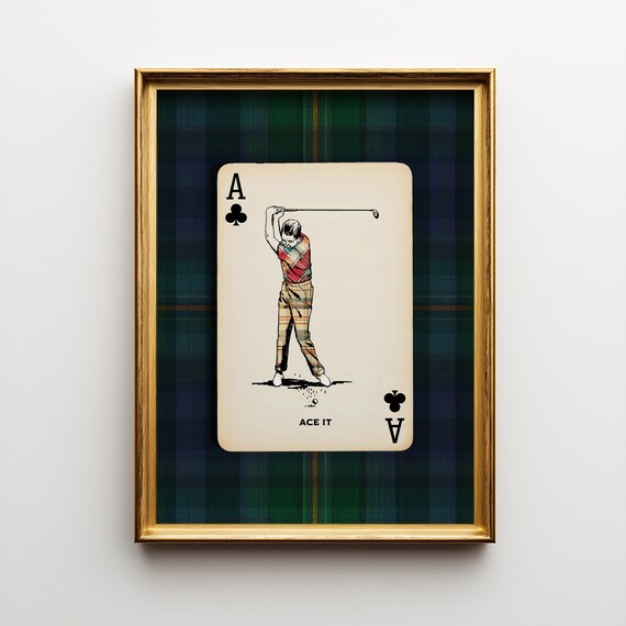 Navy Plaid Golf Poster – Playing Card Wall Art, Vintage Country Club Decor, Preppy Masculine Office Furnishings, Custom Golfer Grandpa Gift