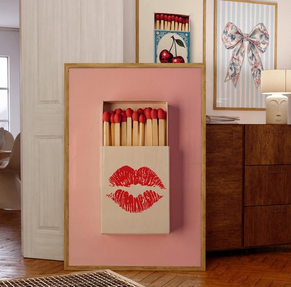 Kiss Lips Poster Matchbook Retro Vogue Prints | Coastal Cowgirl Retro Bar Cart Art Pink Red Poster Western Decor Trendy Maximalist Wall Art