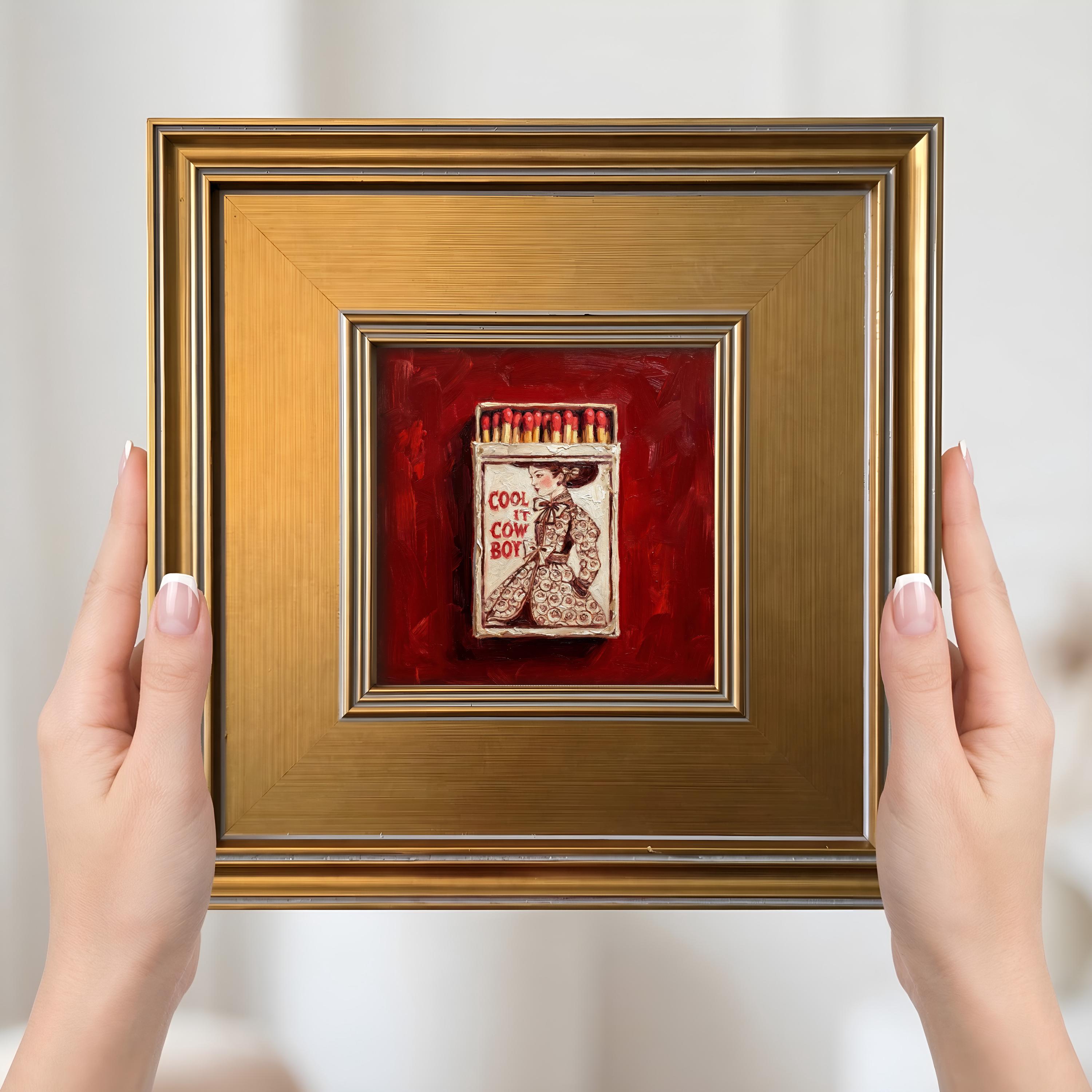 Small Match Book Matchbox Mini Painting – Small Framed Wall Art, Burgundy Red Vintage ...