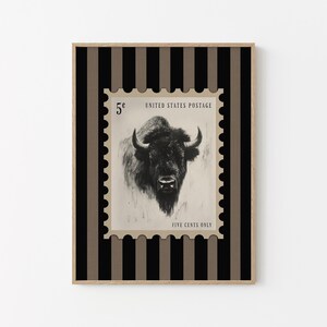 Charcoal sketch of a bison styled as a vintage postage stamp on a black and tan striped background; rustic Western art print.