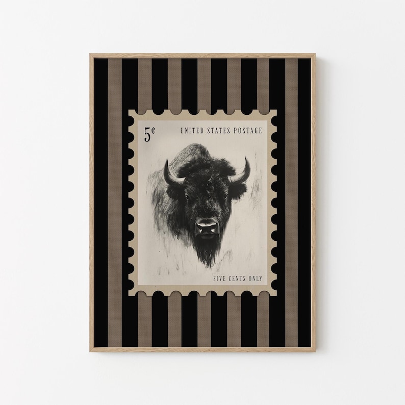 Charcoal sketch of a bison styled as a vintage postage stamp on a black and tan striped background; rustic Western art print.