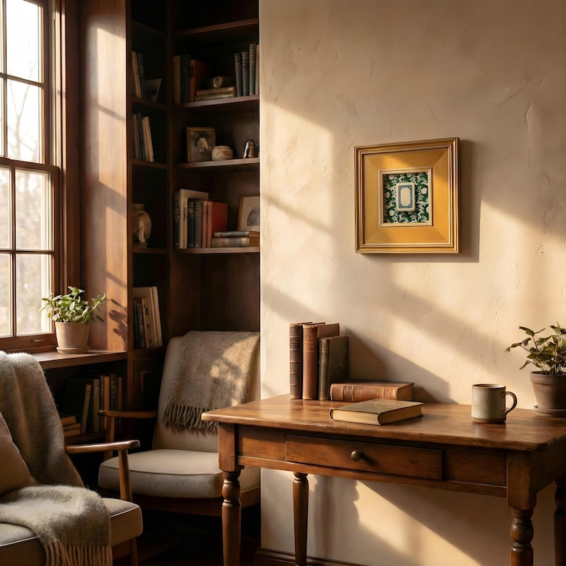May include: A cozy reading nook with a wooden desk, chair, and built-in bookshelf. A small gold-framed print of a White Dragon Mahjong tile painting hangs on the wall. Books, a mug, and a potted plant are on the desk. Sunlight streams through the window, illuminating the space.