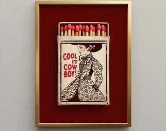 Burgundy Western Framed Wall Art – Cool It Cowboy Matchbox Print, Romantic Red Valentines Day Decor, Coquette Decor