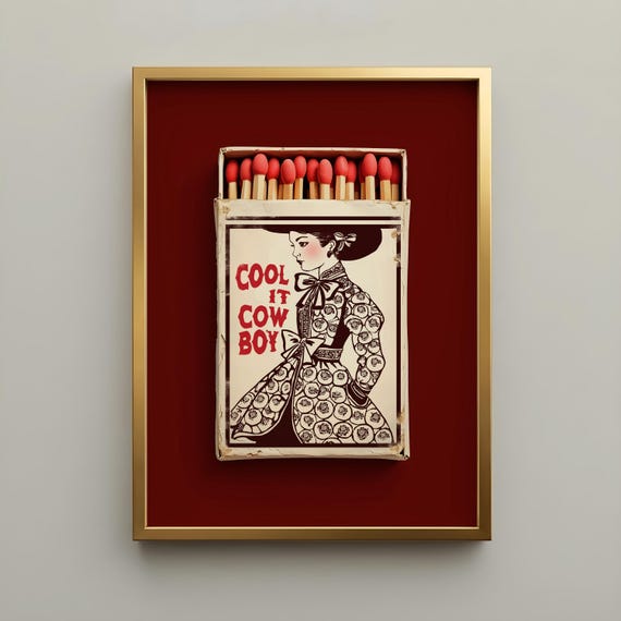 Burgundy Wall Art – Cool It Cowboy Matchbox Print, Americana Decor