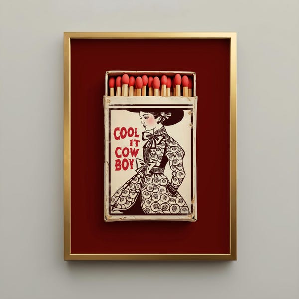 Inramad väggkonst i vinröd västerländsk stil – Cool It Cowboy Matchbox-tryck, romantisk röd alla hjärtans dag-dekor, kokettdekor