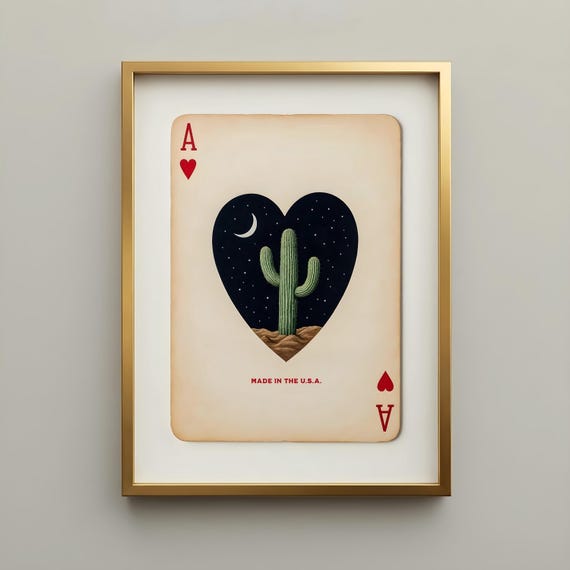 Retro Western Art - Saguaro Cactus Ace of Hearts Print – Vintage Playing Card Framed Wall Art, Southwestern Desert Home Decor