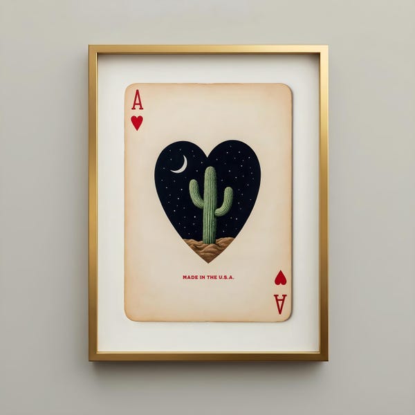 Arte occidentale retrò - Stampa con asso di cuori e cactus Saguaro - Carta da gioco vintage con cornice, decorazione da parete per la casa nel deserto del sud-ovest