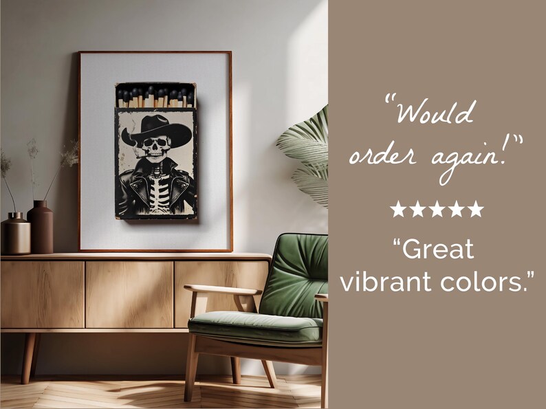 May include: A black and white illustration of a skeleton wearing a cowboy hat and smoking a cigarette. The illustration is printed on a matchbox. The matchbox is framed and hanging on a wall.