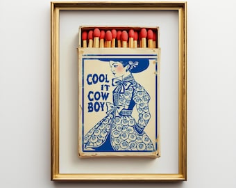 Impression d&#39;allumettes de cow-boy cool, cow-girl côtière petite-fille du millénaire toile chinoiserie bleu cobalt blanc affiche décoration western art tendance