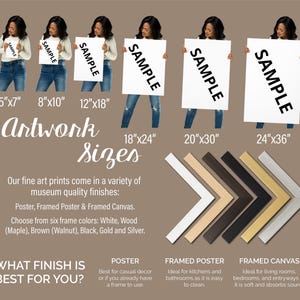 May include: Artwork size options are displayed with women holding sample prints. Sizes range from 5"x7" to 24"x36". The image also shows frame color options: white, wood, brown, black, gold, and silver. Text includes "Artwork Sizes".