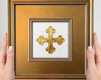Mini cuadro de la Cruz Ortodoxa Griega – Pequeño cuadro cristiano para pared, decoración con cruz dorada