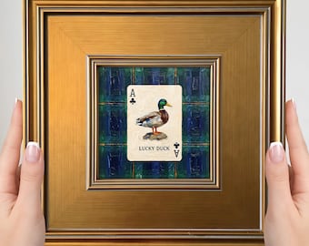 Mini cuadro de pato de la suerte: pequeño cuadro de pato ánade real enmarcado para pared, decoración de estilo rústico.