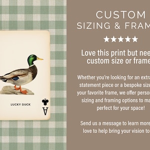 May include: A playing card with a vintage aesthetic, depicting a mallard duck illustration. The card is marked "Lucky Duck" and shows the Ace of Clubs. The background is a green and white gingham pattern.