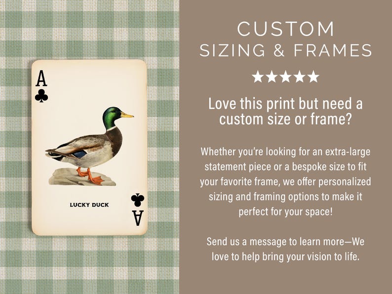 May include: A playing card with a vintage aesthetic, depicting a mallard duck illustration. The card is marked "Lucky Duck" and shows the Ace of Clubs. The background is a green and white gingham pattern.