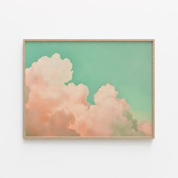 Pink Cloud Panoramic Wall Art – Sage Green Sky Print, Western Big Sky Artwork, Airy Bedroom Decor, Ranch and Farmhouse Furnishings