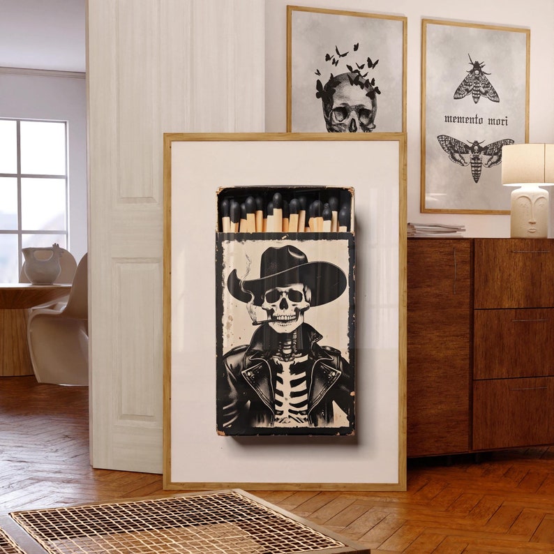 Skeleton Cowboy Matchbook Print Western Goth Decor Day of the Dead Memento Mori Boho Eclectic Wall Art Black White Unique Home Decor Momento