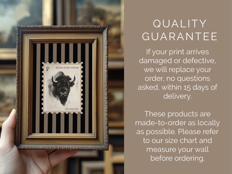 May include: Framed vintage postage stamp art featuring a black and white bison image. The stamp is set against a black and gray striped background within a gold-toned frame. The artwork is a unique piece of wall decor.