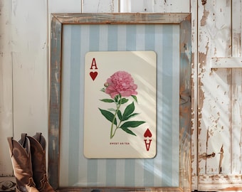 Poederblauwe speelkaartkunst - Cottagecore-pioenprint, Country Club hartenaas kunst aan de muur, preppy zuidelijke veranda decor bloemencadeau voor haar