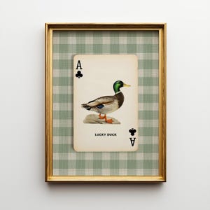 Framed mallard duck ace of clubs art print with sage green gingham background, perfect for cottage boy’s room or vintage nursery and kid's room decor