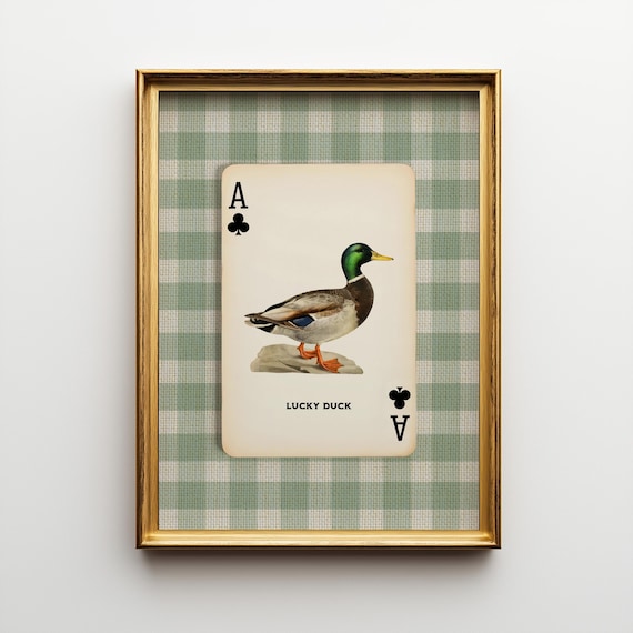 Vintage Duck Print – Sage Green Farmhouse Wall Decor, Cottagecore Framed Wall Art, Lucky Duck Ace of Clubs, Retro Poster